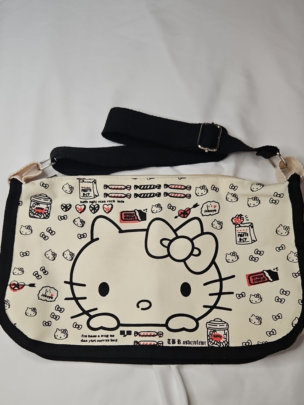 Hello Kitty Cream and Black Canvas Shoulder/ Crossbody Bag with Snack Print NWOT